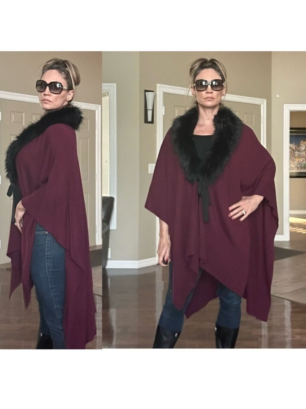 Jacques Vert plum burgundy Wool Cashmere Poncho cape shawl faux fur trim ribbon